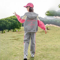 Girls Grey Colorblocked Front Zipper Hooded Jacket With Pants Winter Set 2 pc. Sets