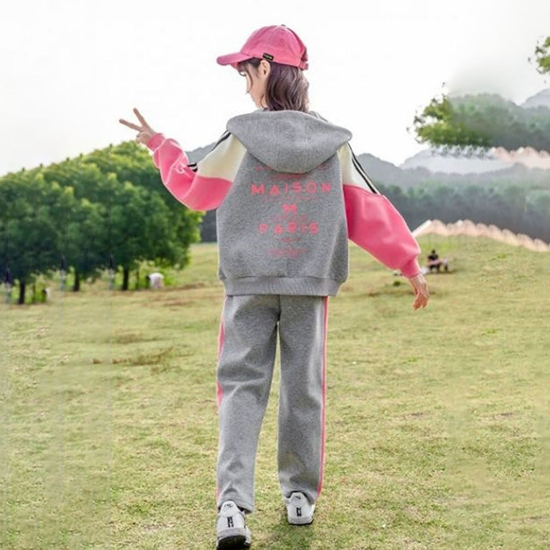 Girls Grey Colorblocked Front Zipper Hooded Jacket With Pants Winter Set 2 pc. Sets