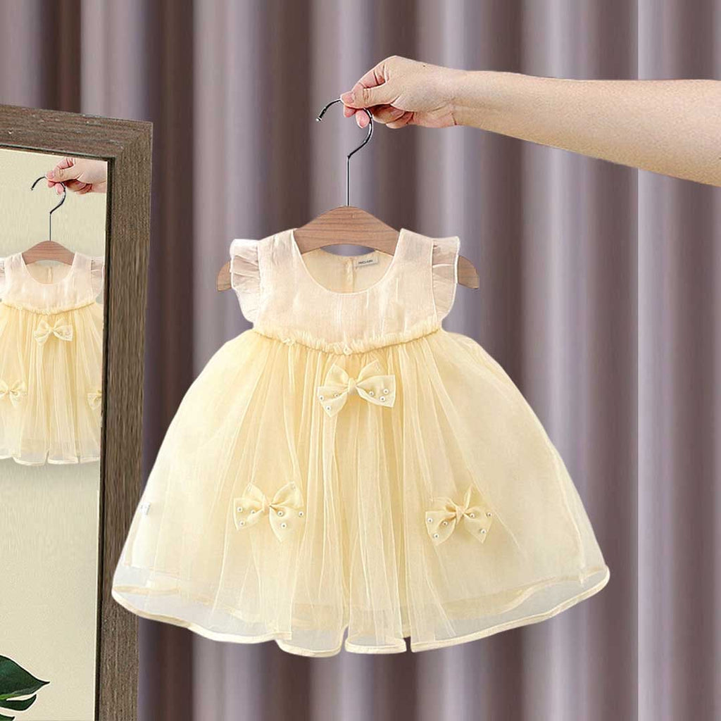 Girls Off White Tulle Overlay Empire Line Party Dress with Bows Party Dresses Off White 1-2 Y 