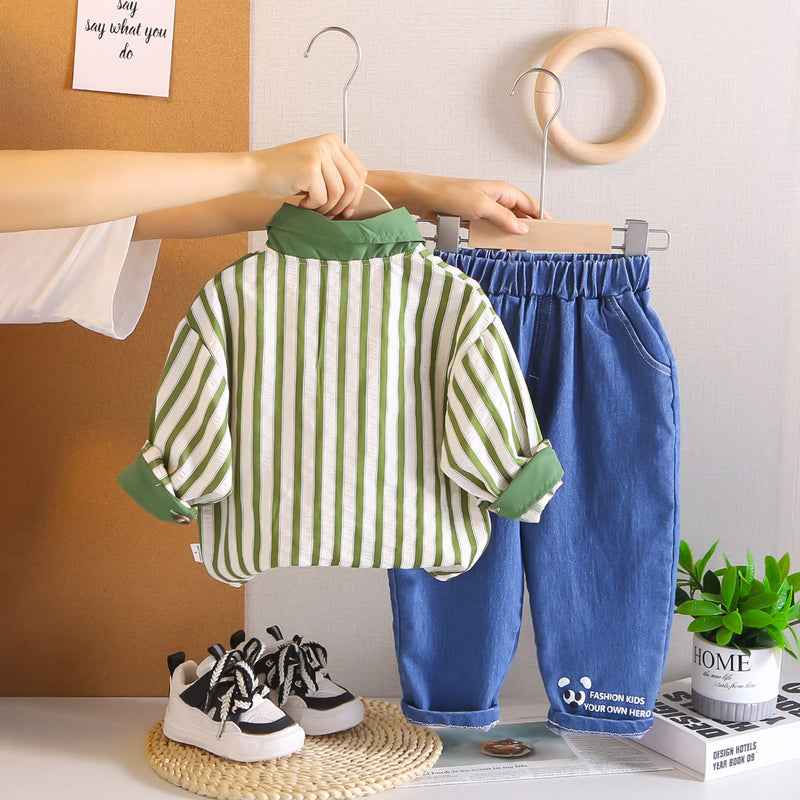 Boys Green Stripes Oversized Shirt With Denim Pants Set 2 pc. Sets