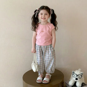 Girls Pink Cape Sleeve Top With Checked Pants Sets Sets Pink 1-2 Y