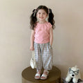 Girls Pink Cape Sleeve Top With Checked Pants Sets Sets Pink 1-2 Y