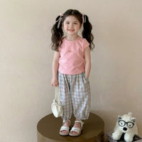 Girls Pink Cape Sleeve Top With Checked Pants Sets Sets Pink 1-2 Y