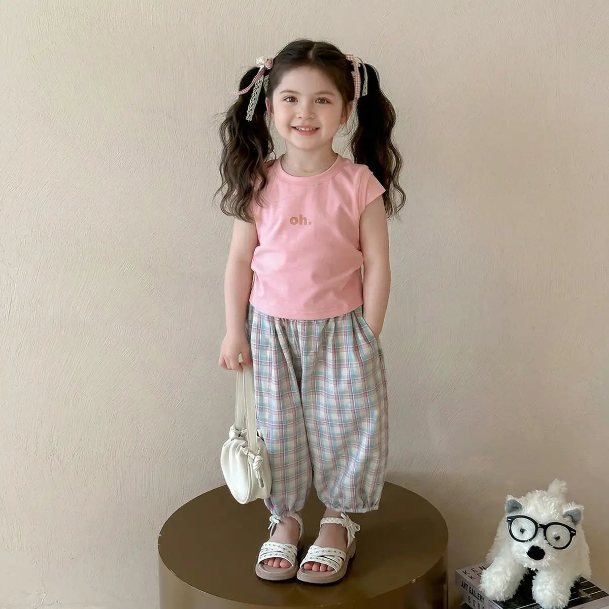 Girls Pink Cape Sleeve Top With Checked Pants Sets Sets Pink 1-2 Y