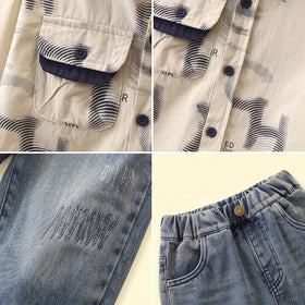 Boys Beige Typographic Shirt With Denim Pants Sets 2 pc. Sets