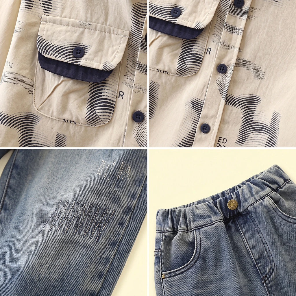 Boys Beige Typographic Shirt With Denim Pants Sets 2 pc. Sets