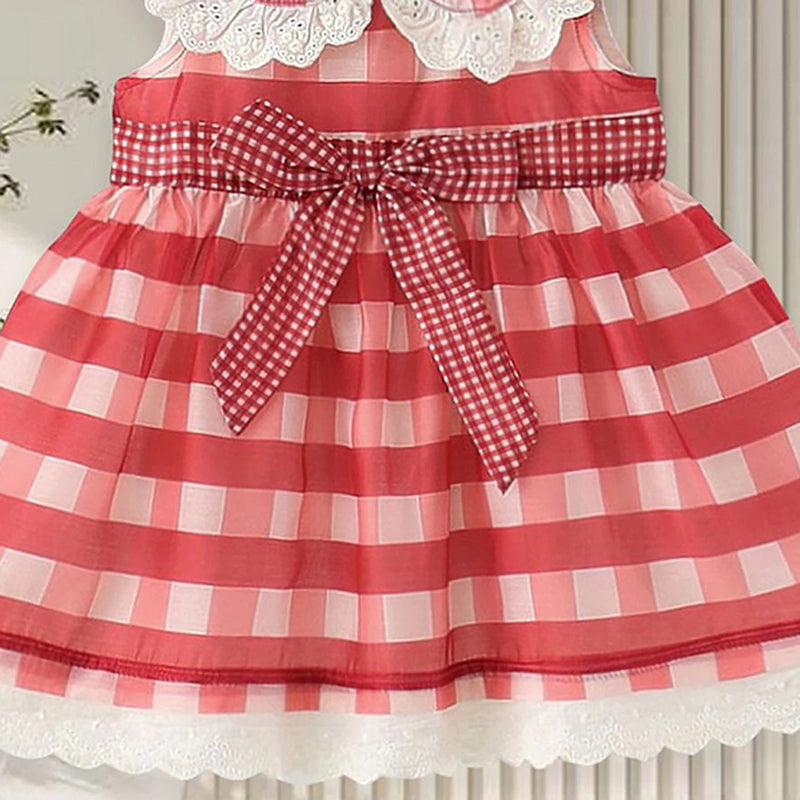 Girls Red Checked Cherry Applique Fit & Flare Casual Dress Casual Dresses