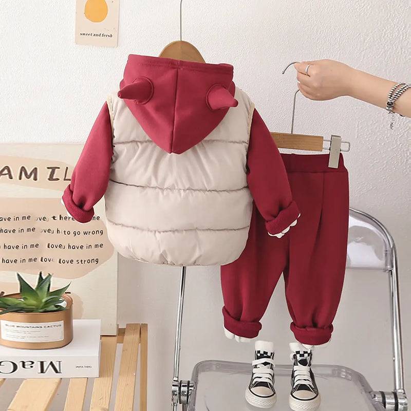 Boys Red Regular Sweatshirt With Sleeveless Jacket & Trouser Sets 3 pc. Sets