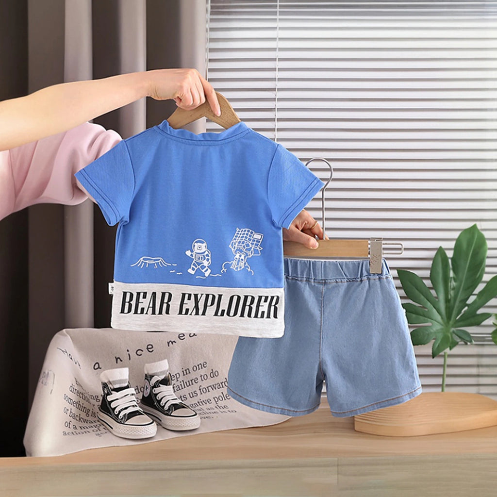 Boys Blue Graphics T-Shirt With Denim Shorts Set Sets