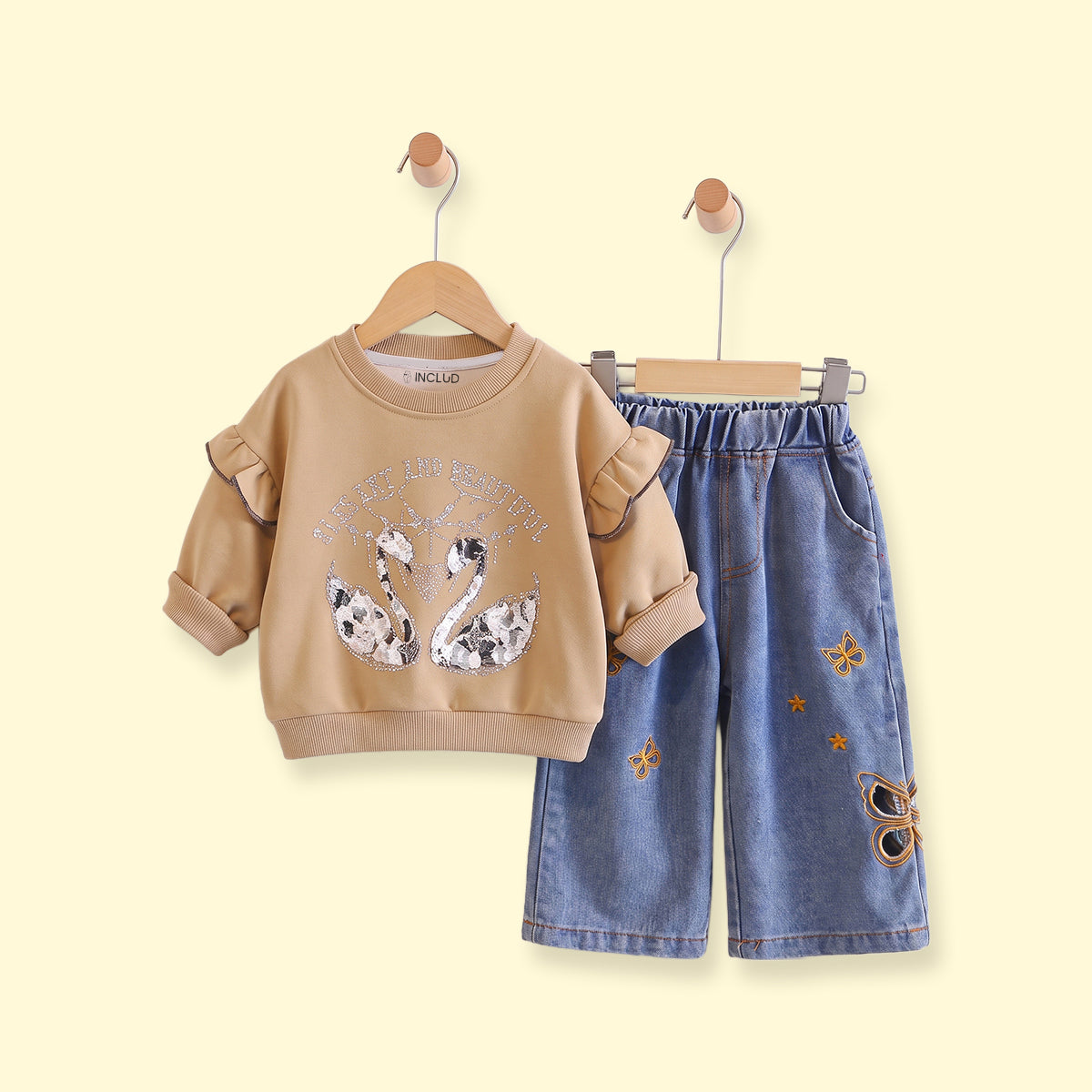 Girls Khaki Graphic Ruffled Sweatshirt & Denim Pants Sets Sets Khaki 1-2 Y