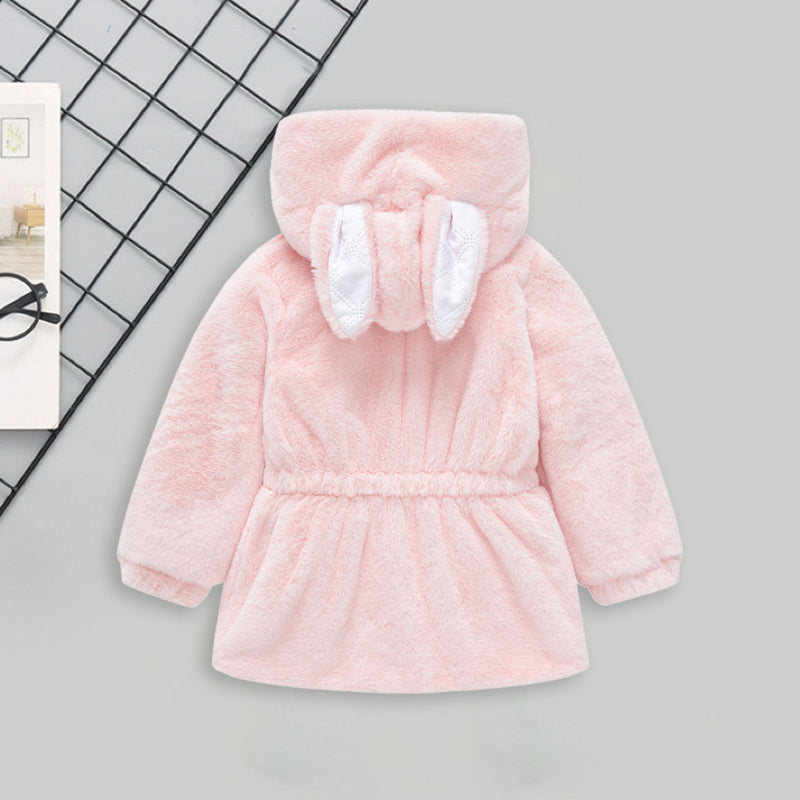 Girls Light Pink Solid Polar Fleece Ear Hooded Jacket Coats & Jackets
