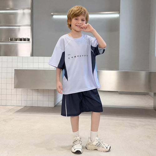 Boys Light Grey Typographic Print Drop Shoulder T-Shirt With Shorts Sets 2 pc. Sets Light Grey 5-6 Y