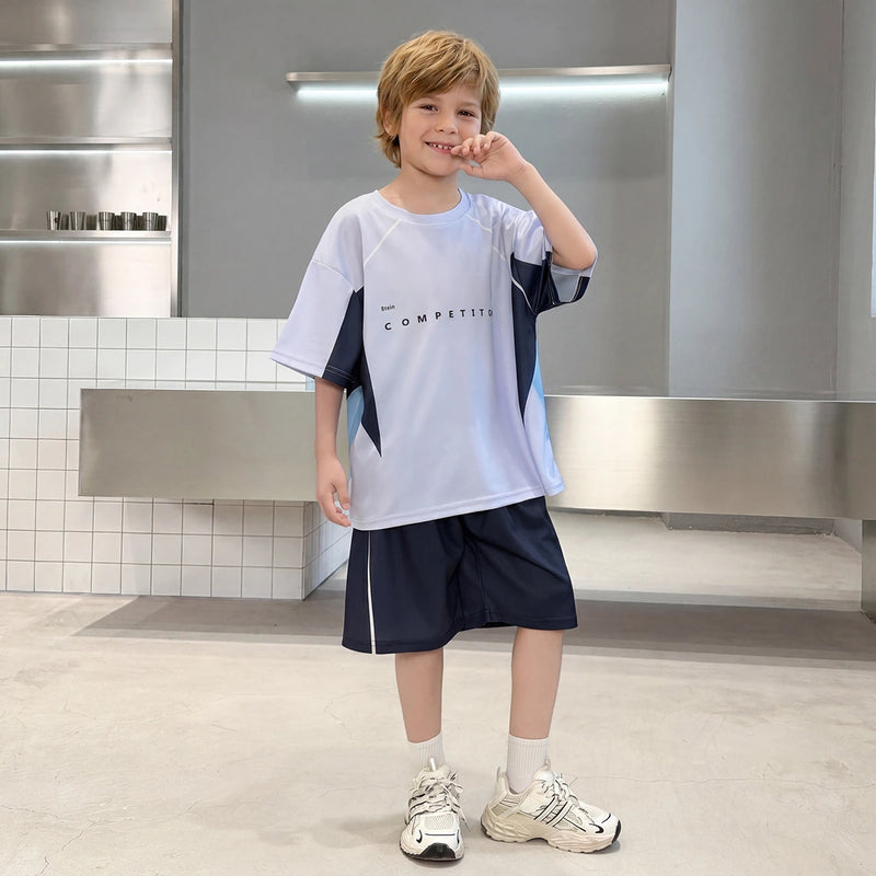 Boys Light Grey Typographic Print Drop Shoulder T-Shirt With Shorts Sets 2 pc. Sets Light Grey 5-6 Y