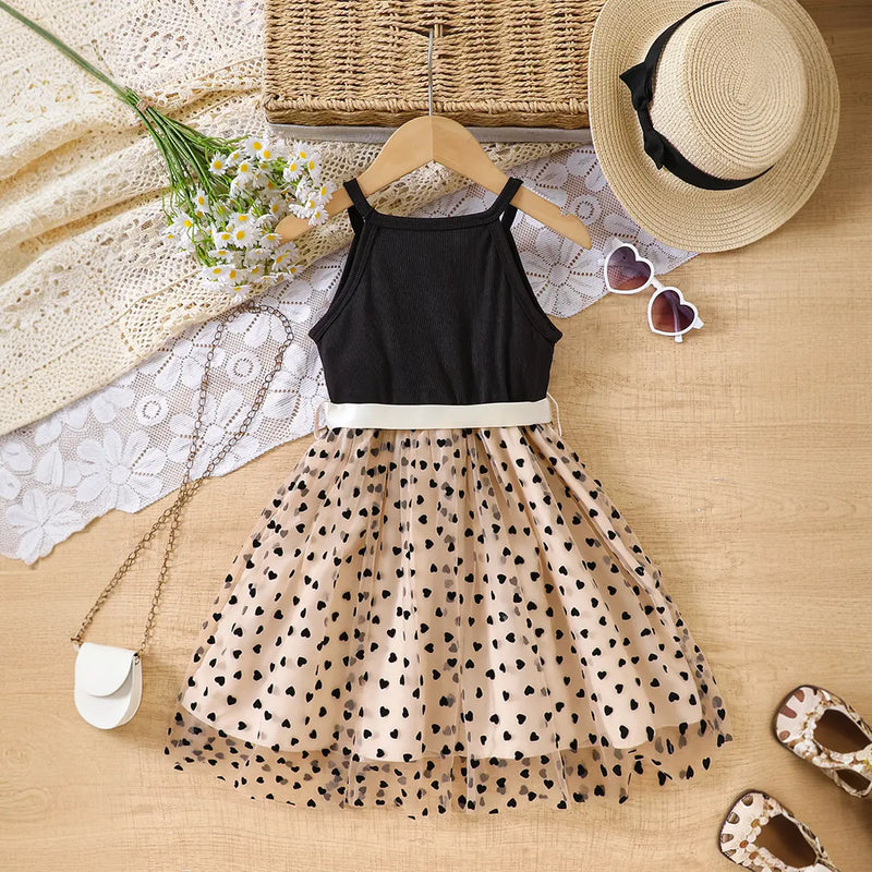 Girls Black Heart Printed Sleeveless Fit & Flare Dress With Bow Casual Dresses