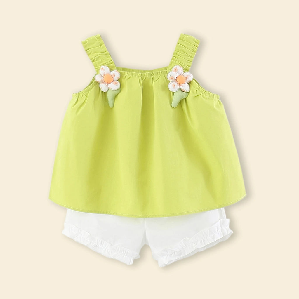 Girls Lime Green 3D Flower Applique Ruffle Top With Shorts Sets Sets