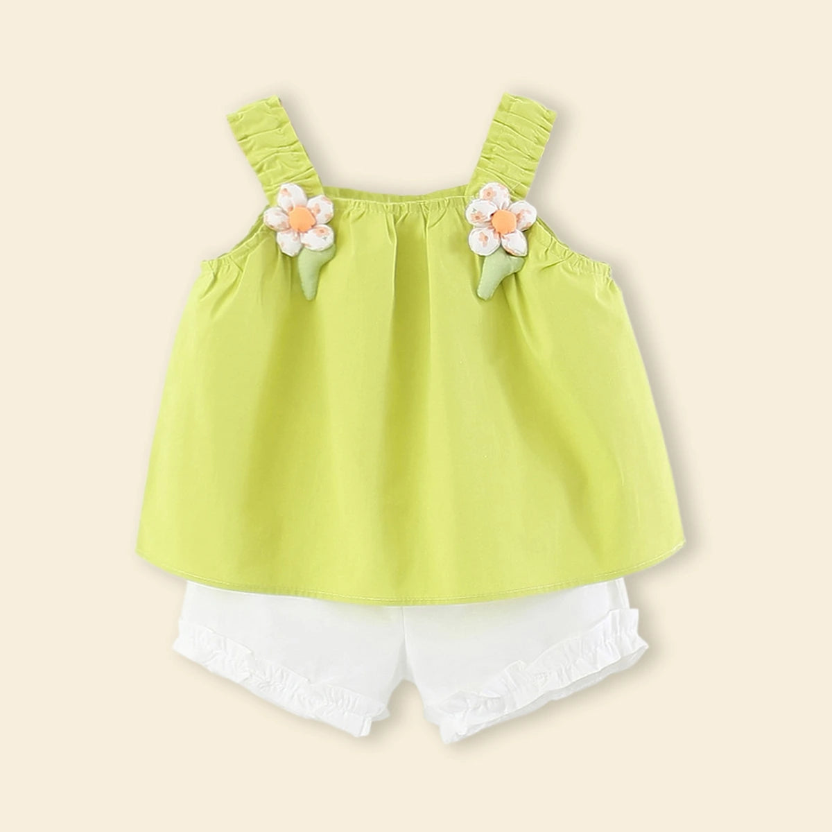 Girls Lime Green 3D Flower Applique Ruffle Top With Shorts Sets Sets