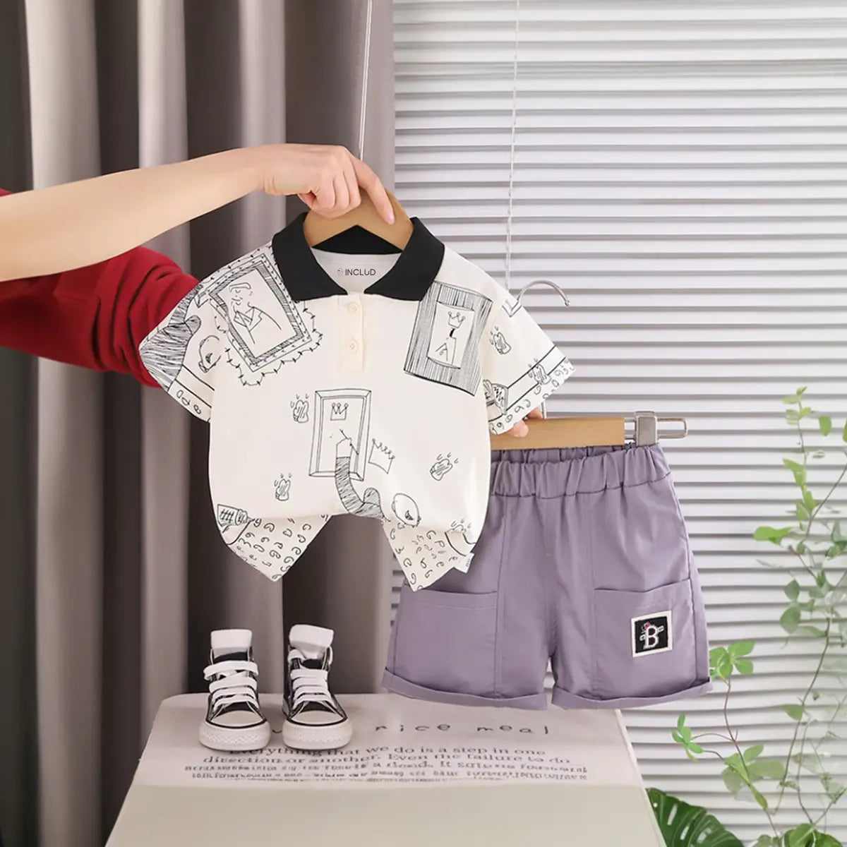 Boys Beige Printed Short Sleeve Polo T-Shirt With Elasticated Shorts Sets 2 pc. Sets Beige 1-2 Y