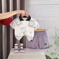 Boys Beige Printed Short Sleeve Polo T-Shirt With Elasticated Shorts Sets 2 pc. Sets Beige 1-2 Y