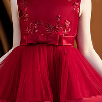 Girls Maroon Embroidered Sleeveless Layered Party Dress With Bow Party Dresses