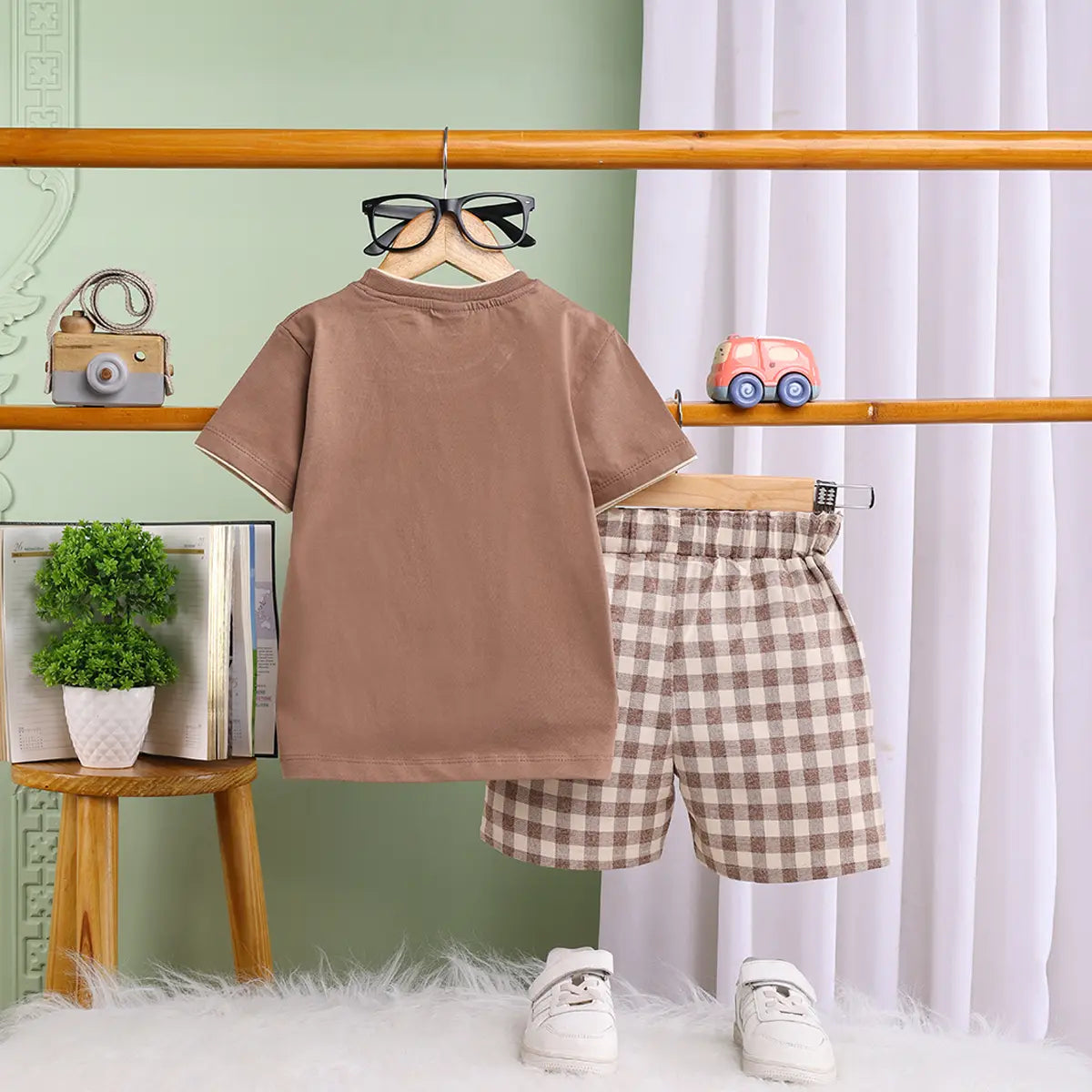 Boys Light Brown Typographic Short Sleeve T-Shirt With Checked Shorts Sets Sets