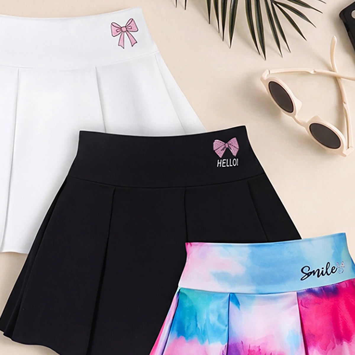 Girls Multicolor Bow Print Pleated Skorts Pack Of 3 Skirts