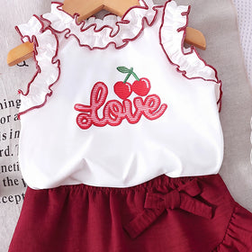 Girls White Love Typography Print Sleeveless Top With Skirt Sets 2 pc. Sets