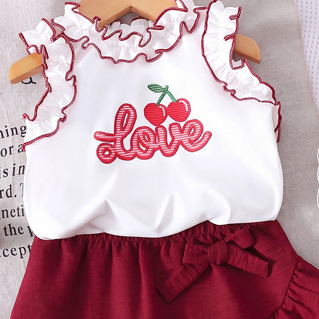 Girls White Love Typography Print Sleeveless Top With Skirt Sets 2 pc. Sets