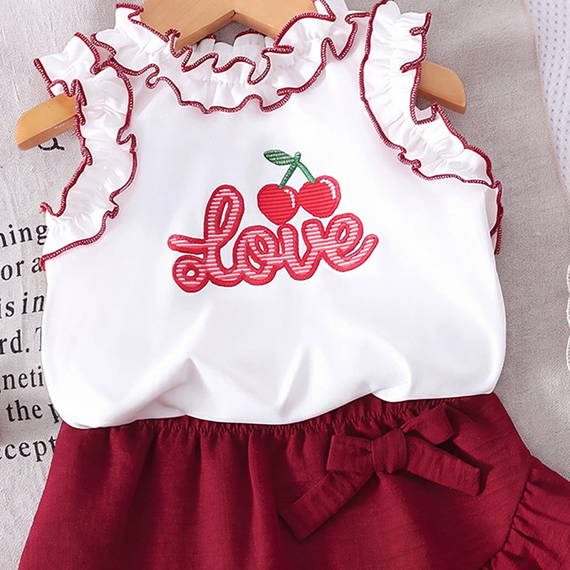 Girls White Love Typography Print Sleeveless Top With Skirt Sets 2 pc. Sets