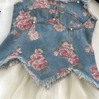 Girls Blue Floral Print Denim Frayed Peplum Top With Shorts Sets 2 pc. Sets