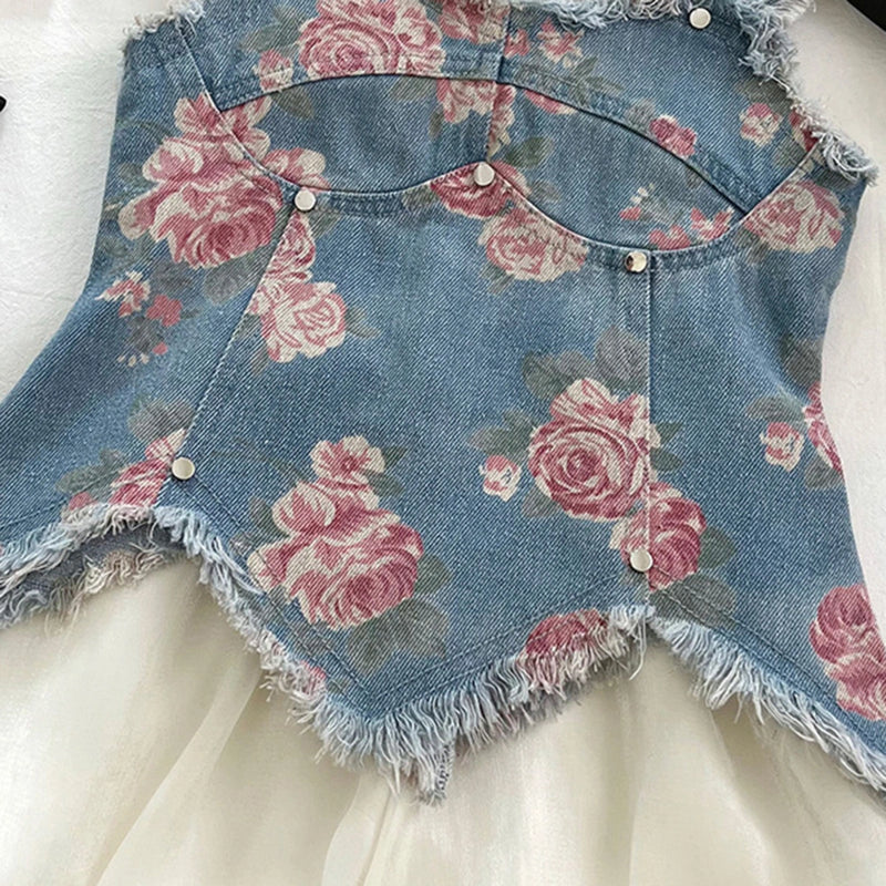Girls Blue Floral Print Denim Frayed Peplum Top With Shorts Sets 2 pc. Sets