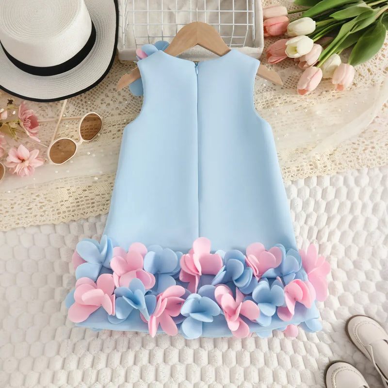 Girls Sky Blue Sleeveless A-line Party Wear Dress With 3D Flowers Appliques Party Dresses