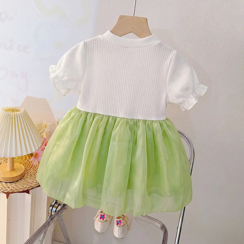 Girls Green Flower Applique Mock Vest Balloon Dress Casual Dresses