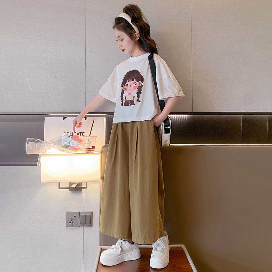Girls Short Sleeve Graphic T-Shirt With Wide Leg Pants Set Sets   