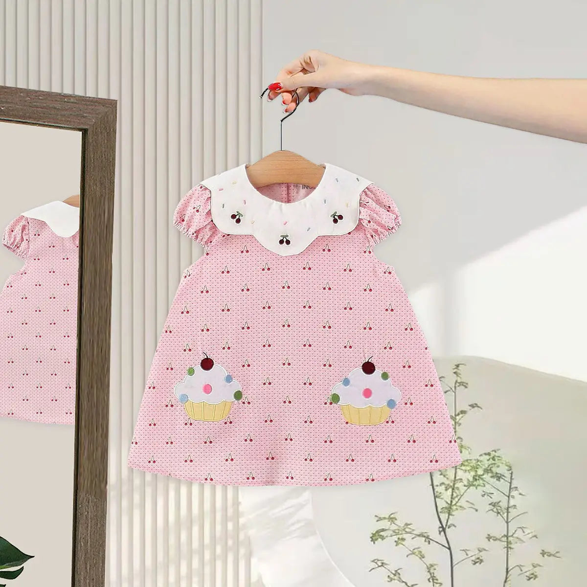 Girls Pink Cherry Printed Puff Sleeve A-line Dress Casual Dresses Pink 1-2 Y