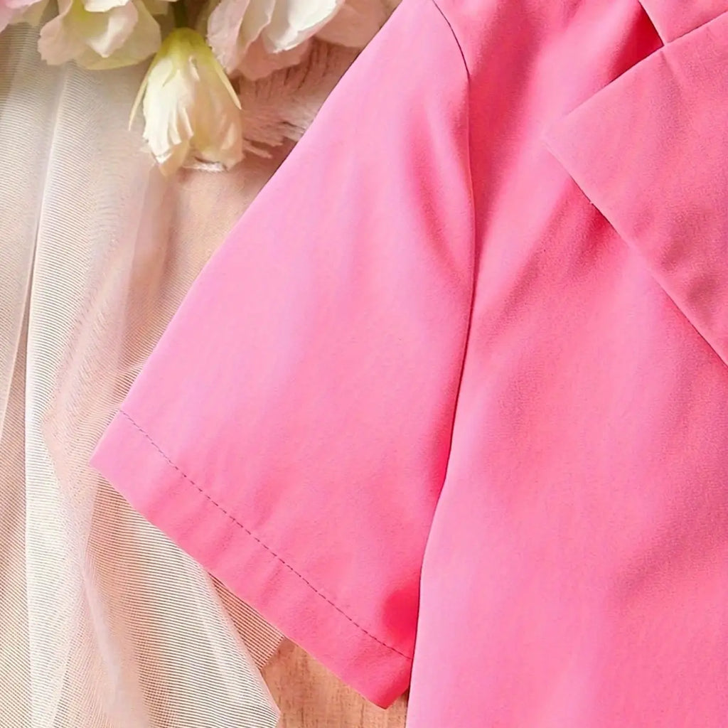 Girls Pink Color-blocked Blazer Top With camisole Top And Pleated Skirt Sets Sets