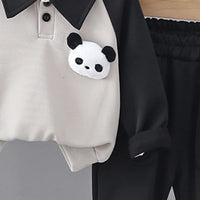 Boys Black 3D Panda Face Applique Polo Sweatshirt With Jogger Sets Sets