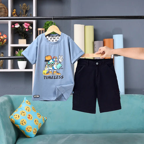 Boys Blue Graphic Short Sleeve T-Shirt With Elasticated Cargo Shorts Sets Sets Blue 1-2 Y