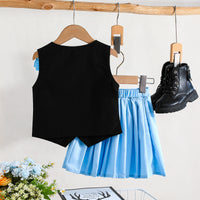 Girls Black Waistcoat with Attached Brooch & Blue Pleated Skirt Set 2 pc. Sets
