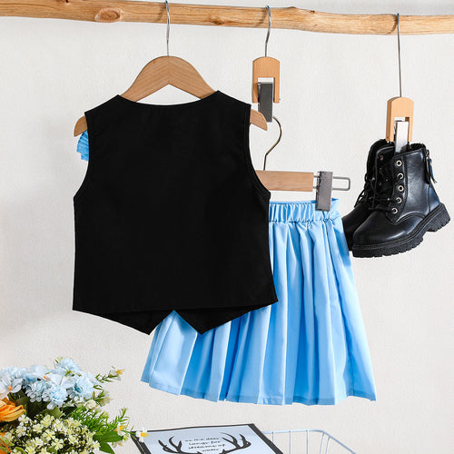 Girls Black Waistcoat with Attached Brooch & Blue Pleated Skirt Set 2 pc. Sets