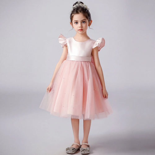 Girls Light Pink Pearl-Embellished Flutter Sleeve Fit & Flare Dress Casual Dresses Light Pink 2-3 Y
