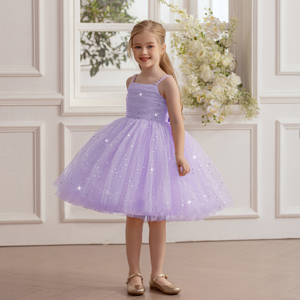 Girls Lilac Glitter Tulle Party Dress with Beaded Straps Party Dresses