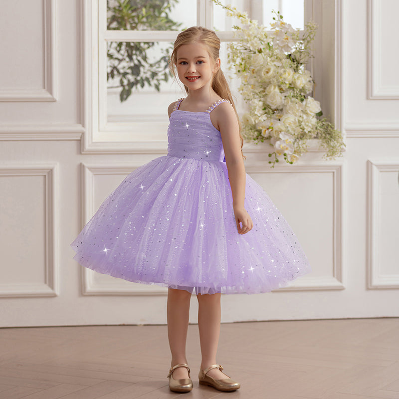 Girls Lilac Glitter Tulle Party Dress with Beaded Straps Party Dresses