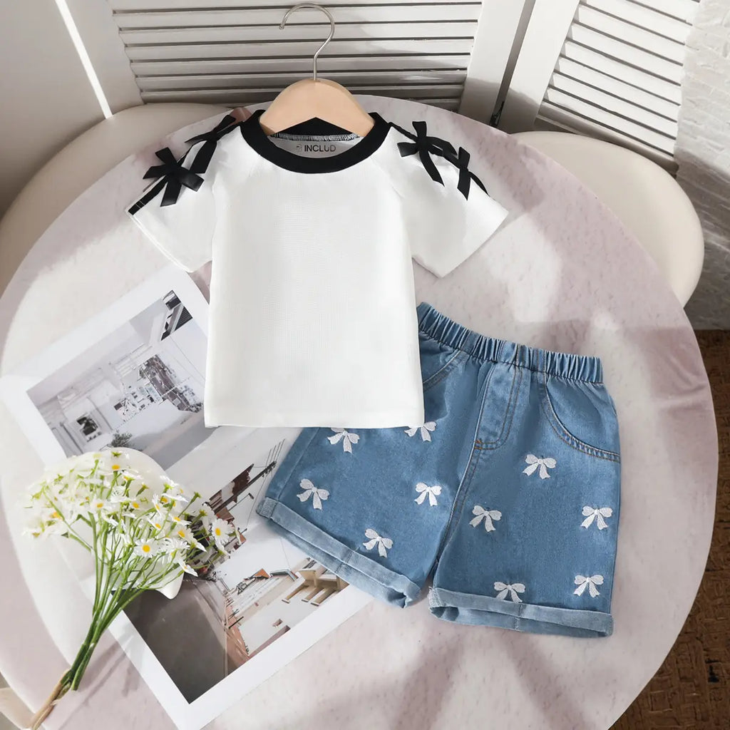 Girls White Bow Applique T-Shirt With Printed Denim Shorts Set Sets White 2-3 Y