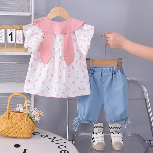 Girls Light Pink Floral Printed Short Sleeve Top With Elasticated Shorts Sets 2 pc. Sets