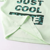 Boys Green Typographic Printed Short Sleeves T-Shirt With Pinted Drawstring Shorts Sets Sets