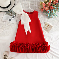 Girls Red Sleeveless A-line Party Wear Dress With Bow Applique Party Dresses Red 2-3 Y