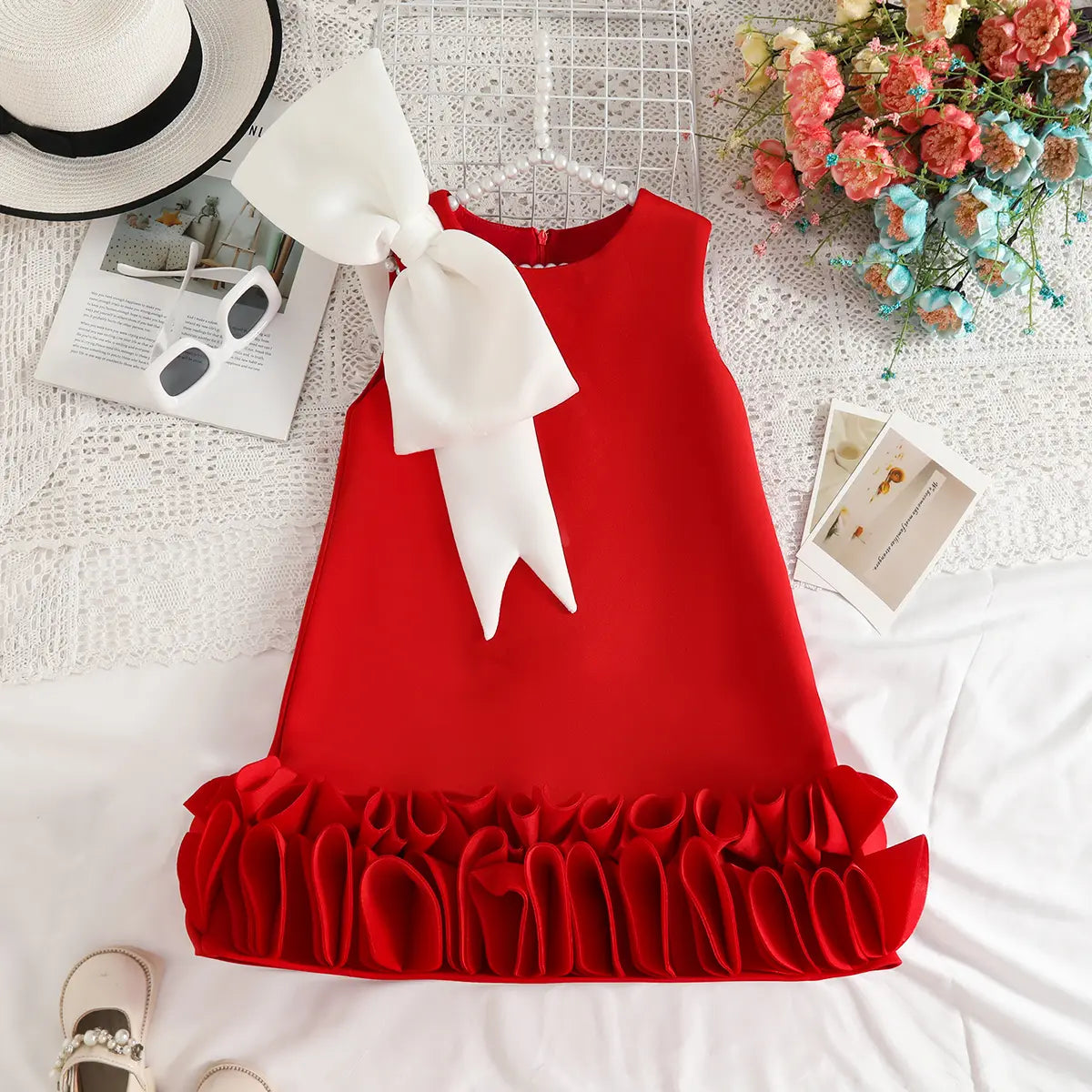 Girls Red Sleeveless A-line Party Wear Dress With Bow Applique Party Dresses Red 2-3 Y