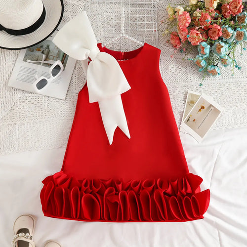 Girls Red Sleeveless A-line Party Wear Dress With Bow Applique Party Dresses Red 2-3 Y