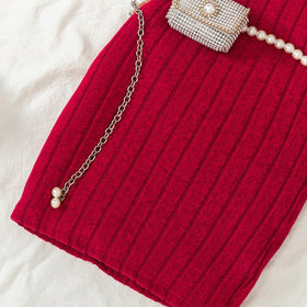 Girls Maroon Ribbed Sleeveless Bodycon Dress With Shrug Casual Dresses