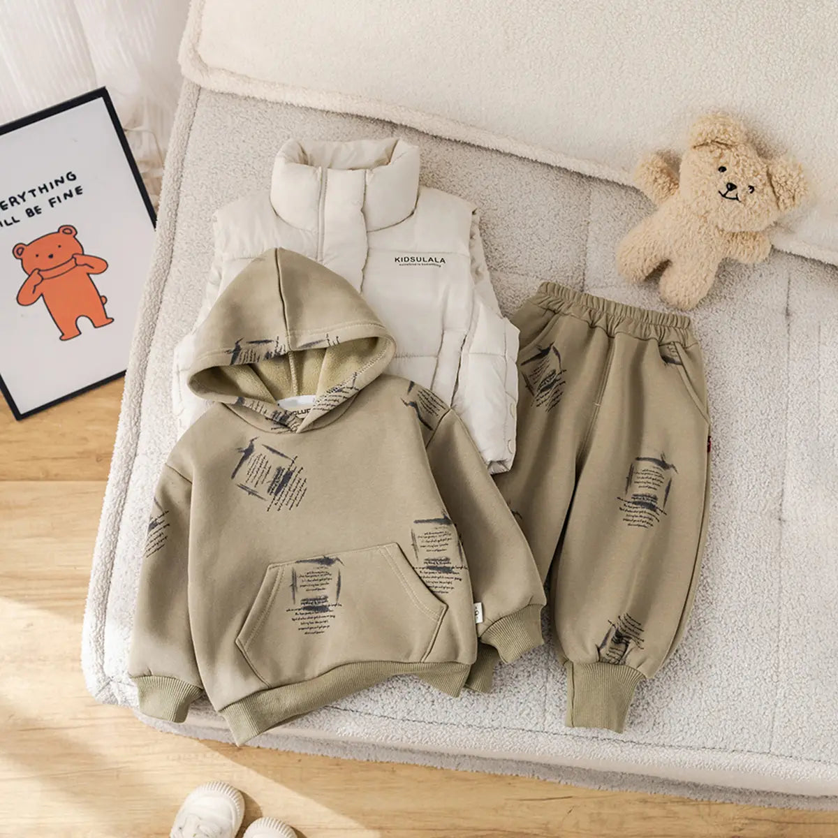 Boys Sleevless Jacket With Regular Hooded Sweatshirt And Trouser Sets 3 pc. Sets Green 1-2 Y